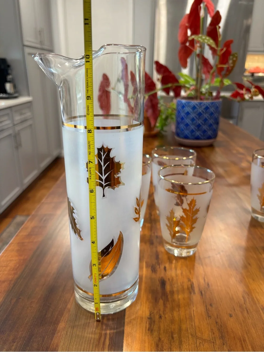 Vintage MCM Libbey Golden Foliage Frosted Pitcher & Glass Barware Set